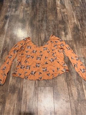Free People Burnt Orange Floral Long Sleeve Scoop Neck Top